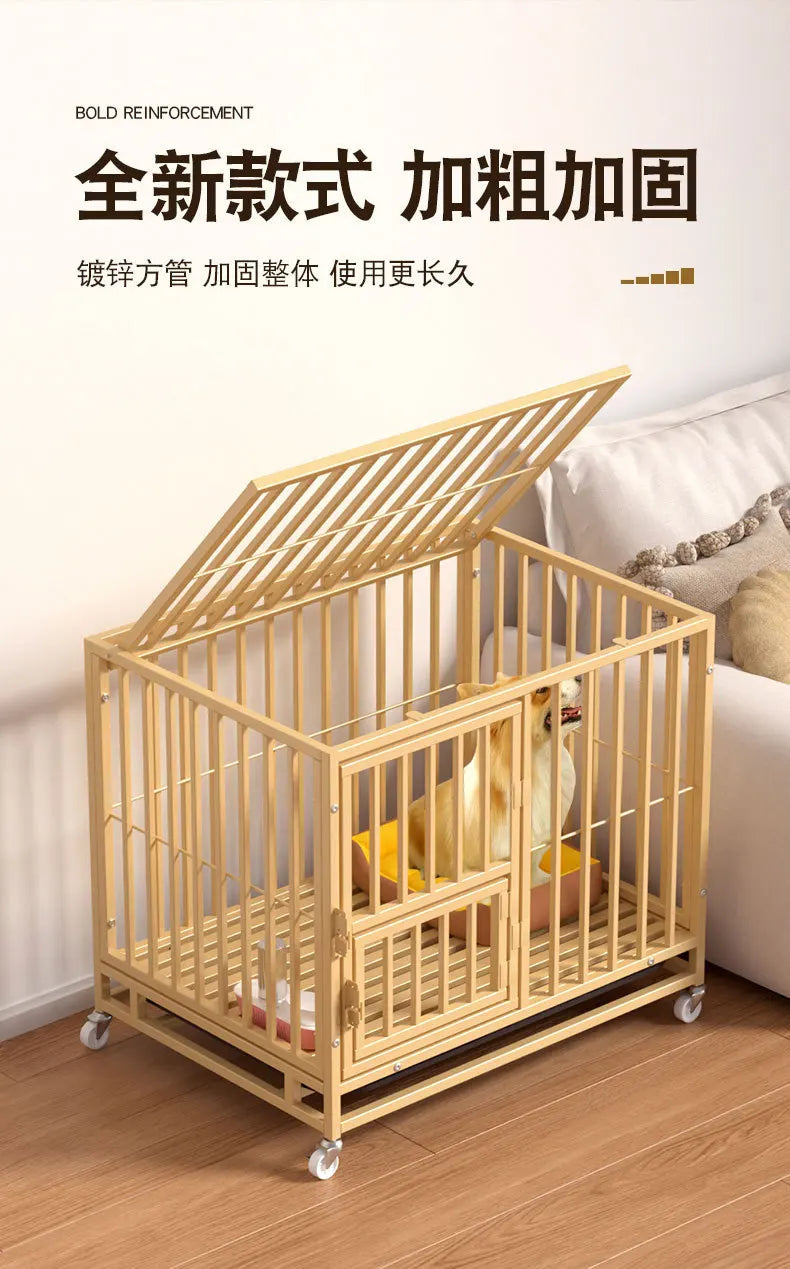 Heavy Duty Square Tube Dog Cage for Medium Large Dogs Indoor Metal Kennel with Toilet Tray Foldable Iron Pet Crate Furniture