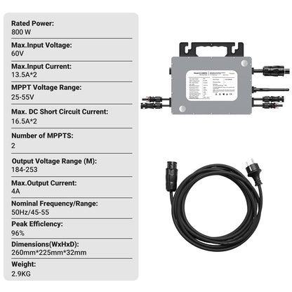 800W Balkongsolcells-kit – 4×200W Flexibla Solpaneler + 800W Mikroväxelriktare, Plug & Play, WiFi-övervakning, IP67, CE, EU-lager (Tyskland)