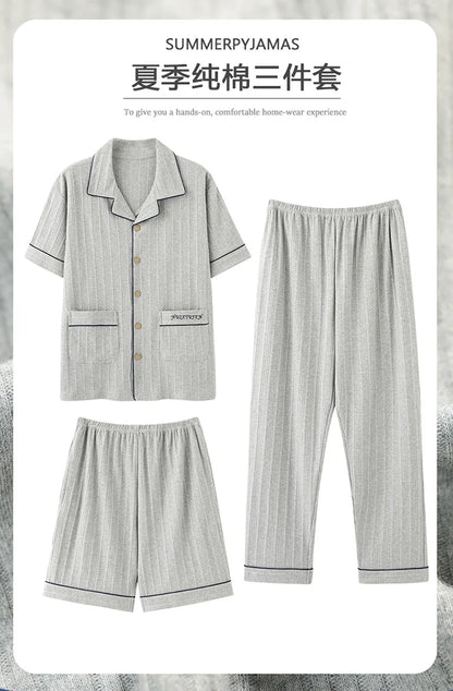 2023 New Cotton Sleepwear Men's 3 Pieces Set Homewear Plus Size 4XL Cardigan Nightwear Short Sleep Tops & Shorts & Long Pants