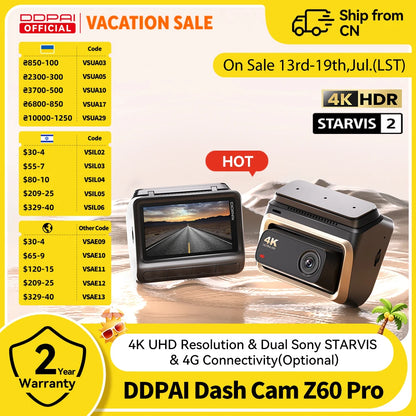DDPAI Z60 Pro 4K Dashcam – Dubbla Sony STARVIS-sensorer, 5GHz WiFi, GPS, ADAS 2.0 och 4G LTE