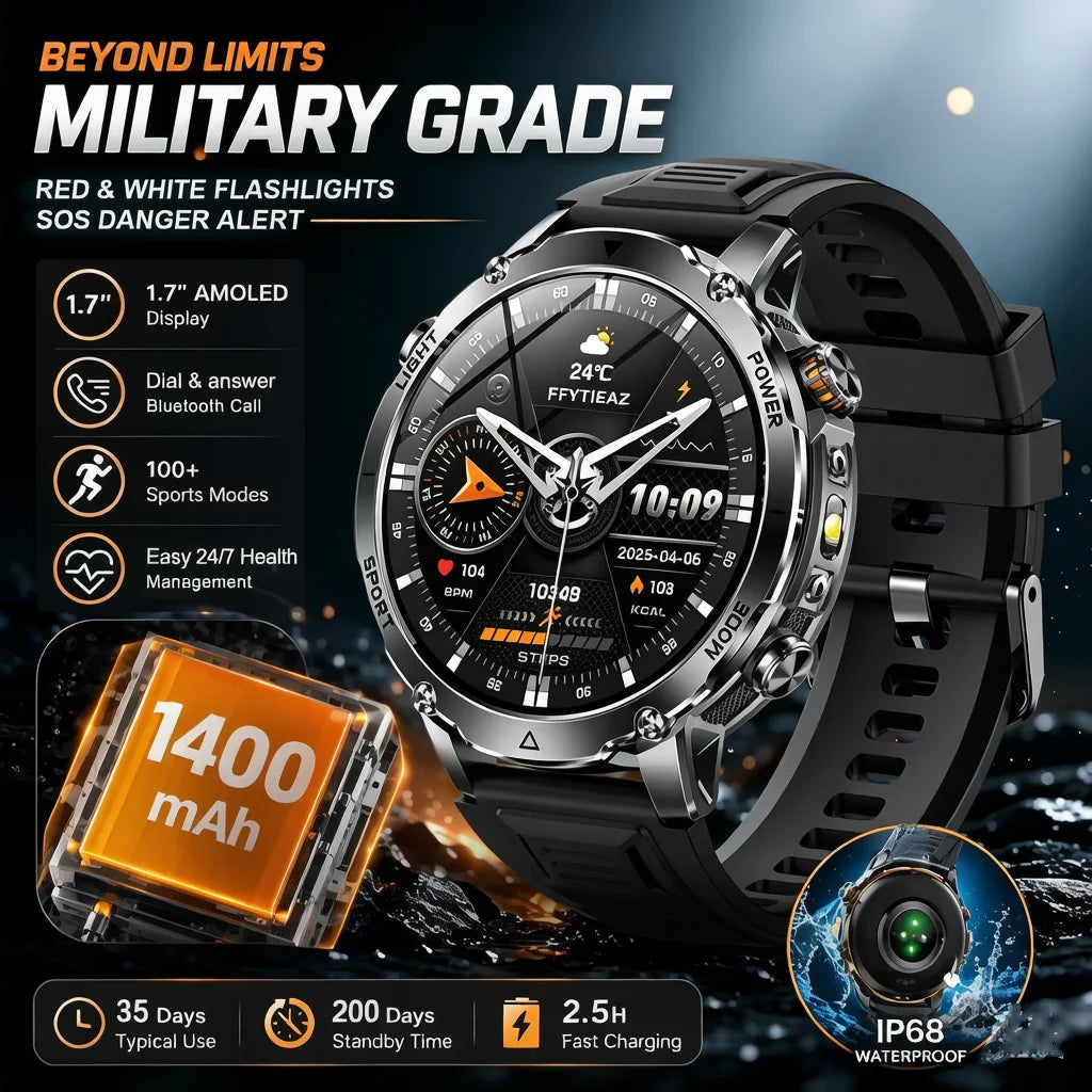 2026 1400mAh Big Battery Smart Watch Men Outdoor GPS Flashlight IP68 Waterproof Bluetooth Call AMOLED Military Sports Smartwatch