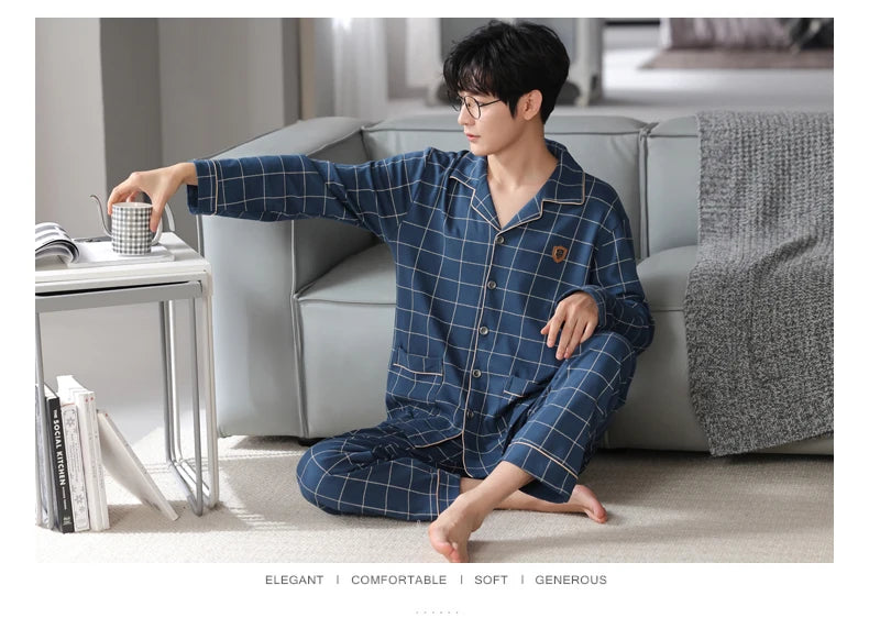 MiiOW Herr Pyjamas Set Vinter – Bomull Långärmad Rutig Grå Krage Plus Size, 8 Färger M–XXXL