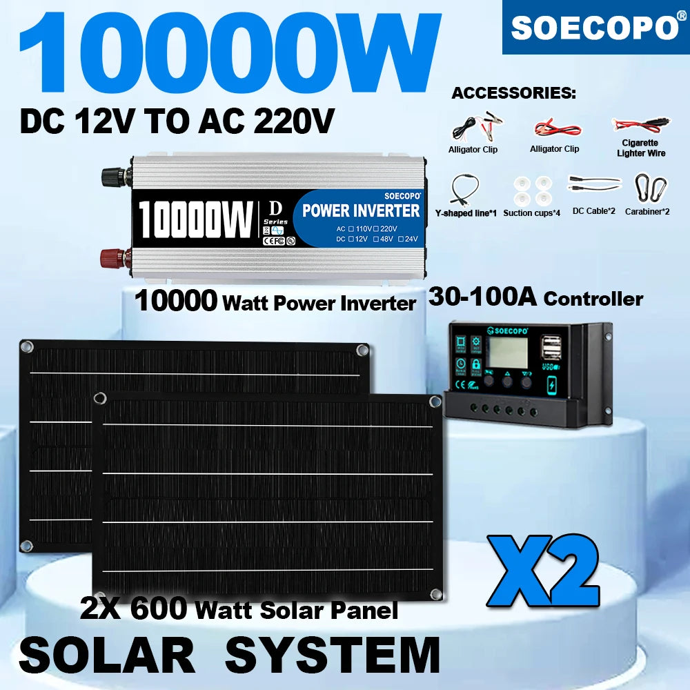 SOECOPO Solsystem-kit – 12V till 110V/220V, 1100W Inverter (10000W topp), 100A Regulator, 2×Solpanel, Hem/Husbil/Camping/Off-Grid