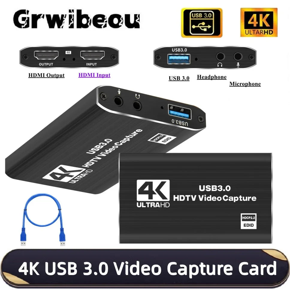 HDMI Capture Card USB 3.0 – 4K/30Hz ingång, 1080p/60fps inspelning för PS4, Xbox, Switch & OBS
