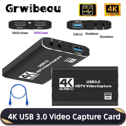 HDMI Capture Card USB 3.0 – 4K/30Hz ingång, 1080p/60fps inspelning för PS4, Xbox, Switch & OBS