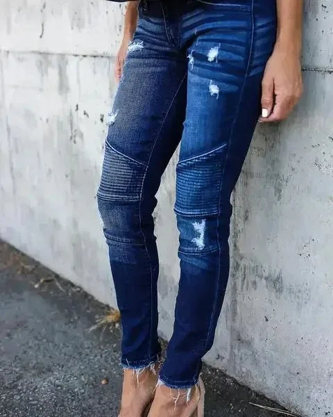 Women Jeans Denim Pencil Pants Pockets Streetwear Slim Mom Holes Punk Sexy Sheath High Waist Washing Distressed Ankle Length