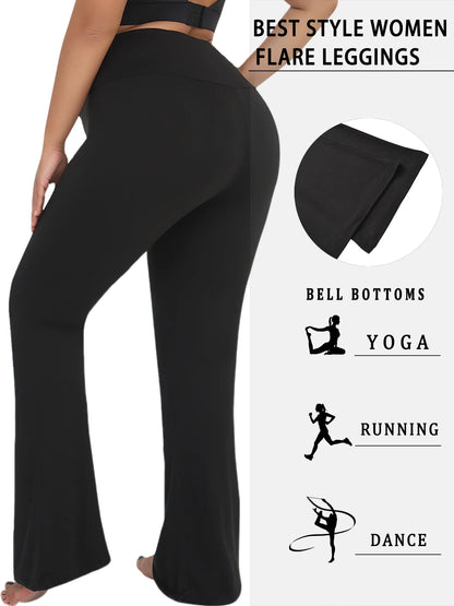 Plus Size Ladies High-Rise Flared Leggings for Yoga and Workout Features Tummy Control and a Stylish Bell-Bottom Design in Sizes