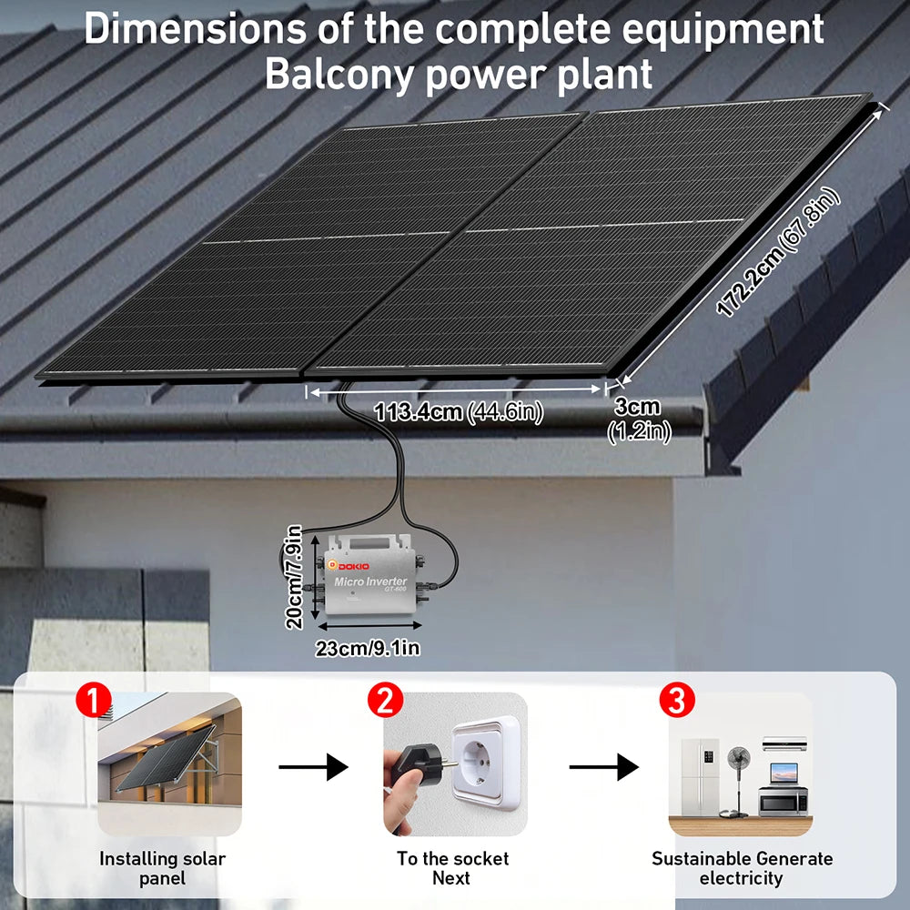 DOKIO Balkongkraftverk 1640W (4×400W DSP-400M) – Monokristallin, Plug & Play, Växelriktare ingår ej, Balkong/Terrass/Villa, EU-lager