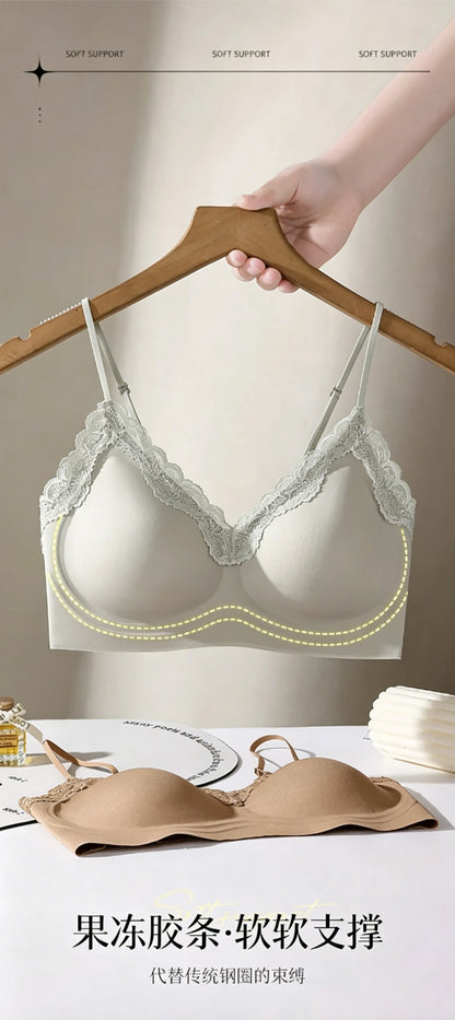 French Lace Bra V Neck Seamless Bra Women's Adjustable Thin Strap Wireless Thin Cup Layering Base Intimates Lingerie Solid S-XL