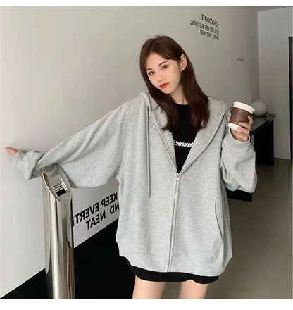 Korean Fashion Zipper Hood Sweatshirt Women Autumn Long Sleeve Tops Casual Y2K Hoodies Streetwear Harajuku Loose Jackets Coats
