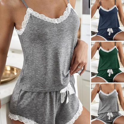SANWOOD pyjamasset dam med spets – V-ringat linne och shorts, S–2XL