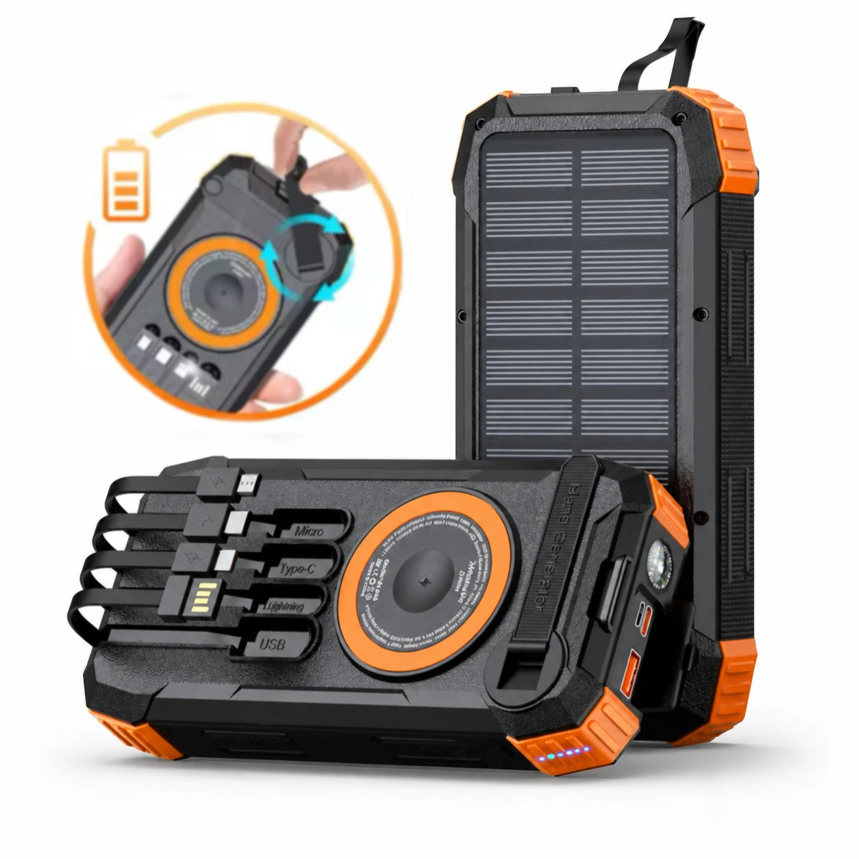 Rscrola Solcells Powerbank 50000mAh – 22,5W Trådlös Snabbladdning Inbyggda Kablar LED-ficklampa Camping Resor