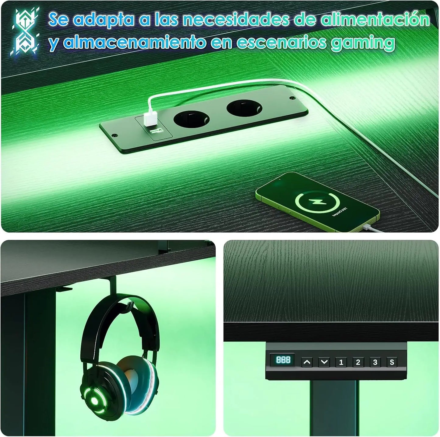 Offigo U Shape Elevating Desk Table, 140cm Electric Elevating Desk with Monitor Stand, USB Plugs and Charging, Standing Desk with Led, Table for Gaming Computer and Office, Black