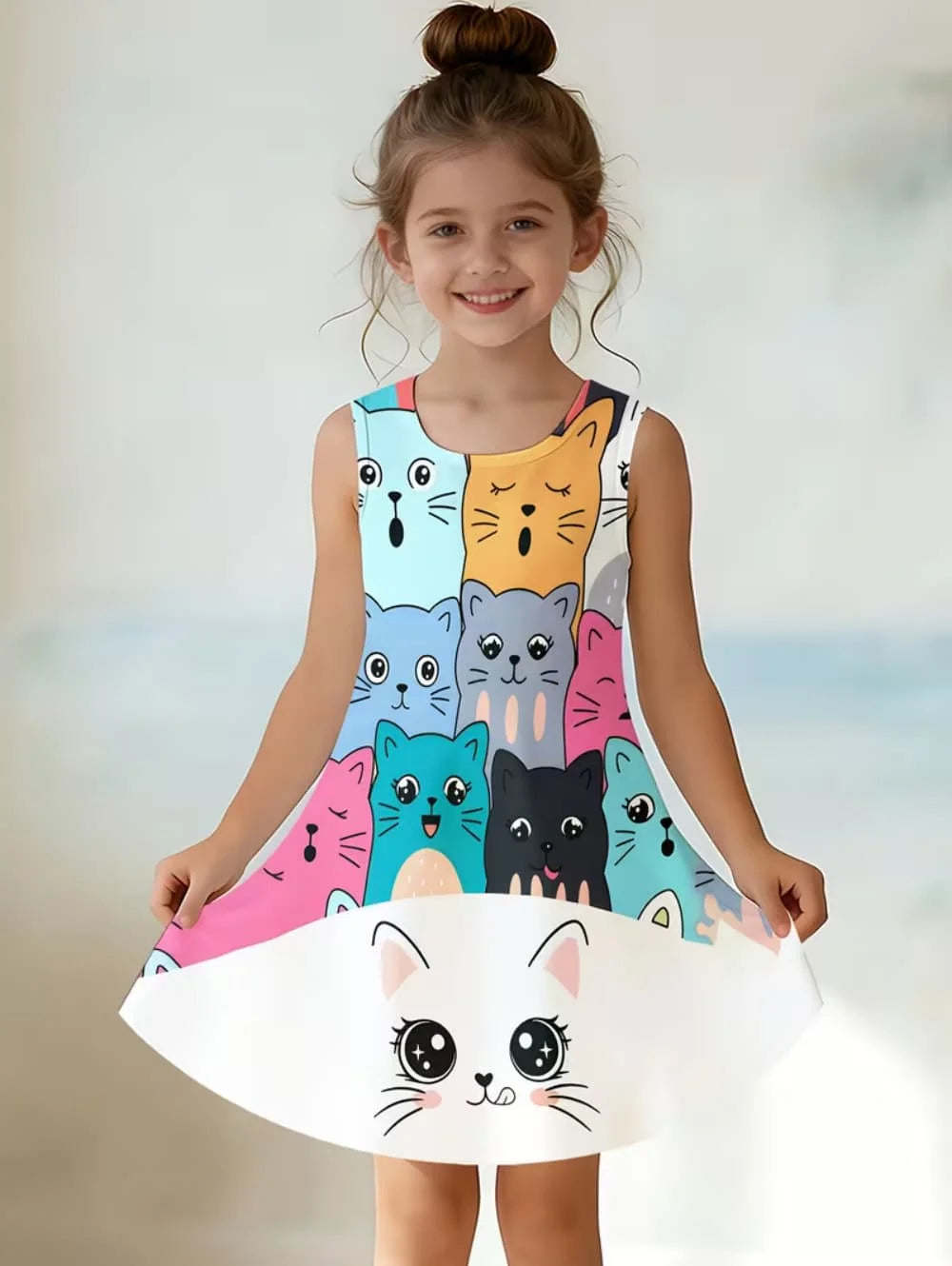 Girl Clothes Cartoon Cat Graphic Printed Girls' Princess Dress Summer Casual Dress for Girls Outfit O-Neck Birthday Gift Clothes
