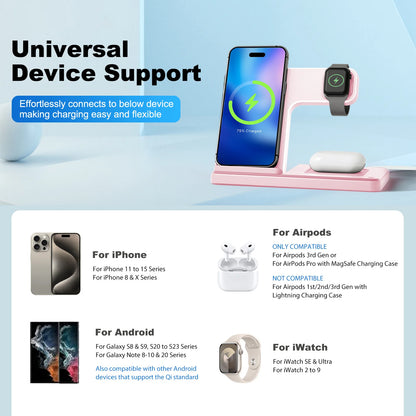 15W Magnetic Wireless Charger Stand Foldable 3 In 1 Fast Charging Sation for iPhone 17- 12 Pro Max Apple Watch 8 7 Airpods Pro