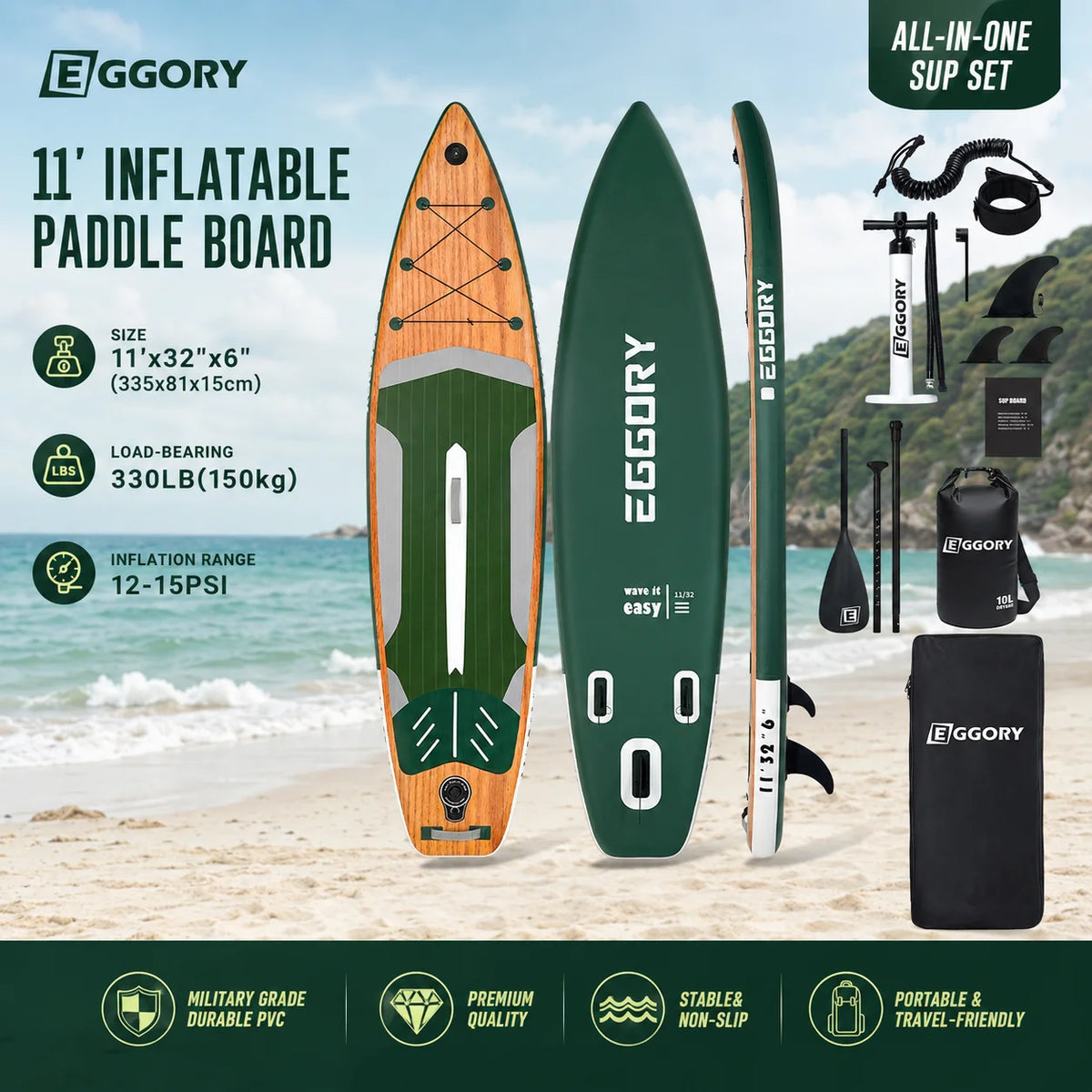 EGGORY 11FT Uppblåsbar SUP-bräda – 335×81×15 cm, Max 150 kg, Komplett Set