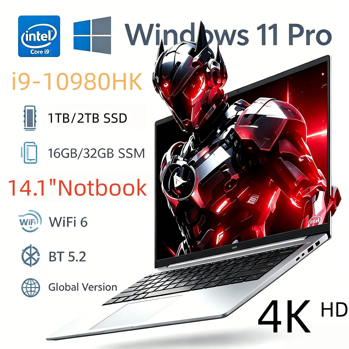 New Ultra Slim Laptop 14.1" 32GB RAM 2TB Intel Core i9 10980HK Gaming PC 1920*1080 Display Office Study Computer PC Windows Pro