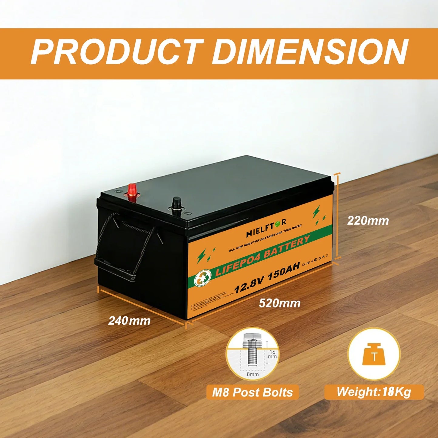 NIELFTOR LiFePO4 Batteri 12,8V 150Ah 1920Wh – 4S 150A BMS, ca 18kg, 4S4P (upp till 51,2V 600Ah), >6000 Cykler, 5års Garanti, Sol/Husbil/Båt/Off-Grid, EU-lager (Polen)