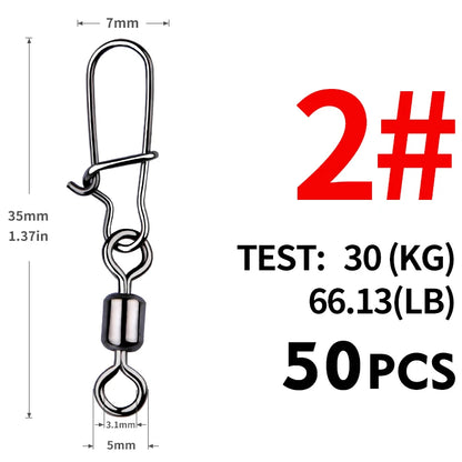 MEREDITH 50PCS Pike Fishing Accessories Connector Pin Bearing Rolling Swivel Stainless Steel Snap Fishhook Lure Swivels Tackle