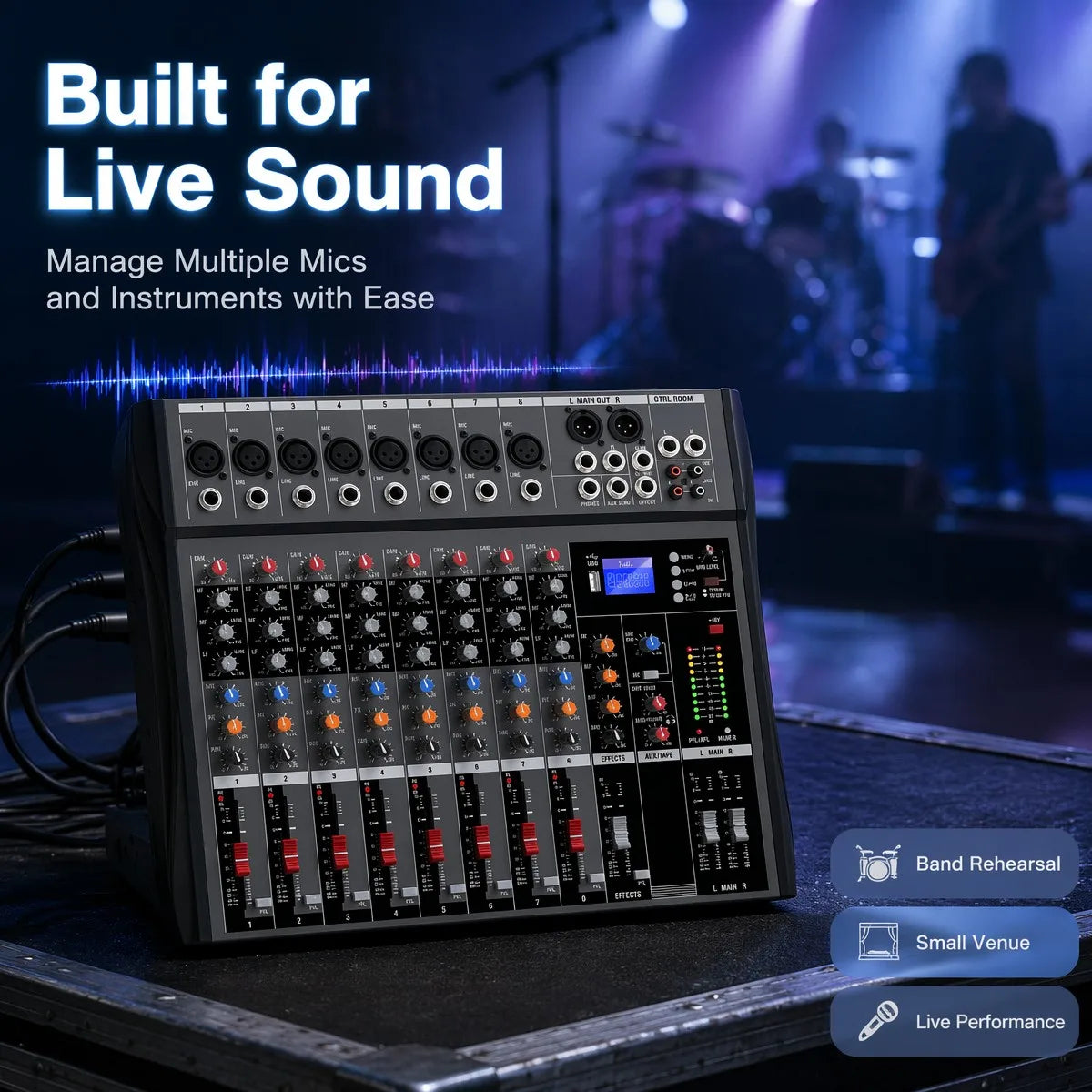 NXG 8-kanals ljudmixer med USB, 3-bands EQ och FX-send