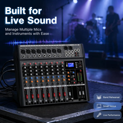 NXG 8-kanals ljudmixer med USB, 3-bands EQ och FX-send