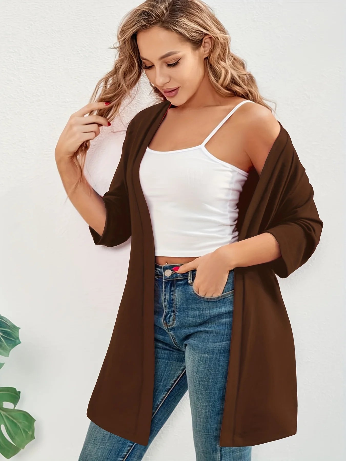 Dam Plus Size Elegant Kofta – Halvlång 3/4-ärm Hög Stretch Öppen Casual Höst/Vinter, 9 Färger XL–4XL