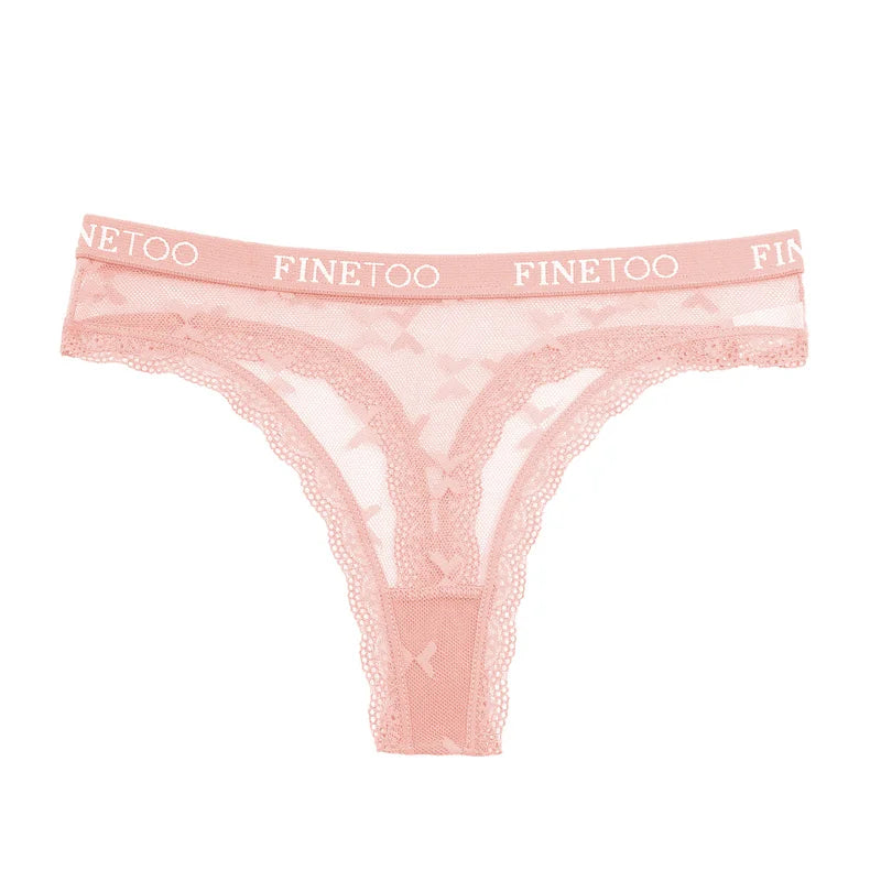FINETOO Women Sexy Lace Low-Rise Thongs Letter Waist Transparent G-String Ladies Seamless Lingerie Hollow Out Perspective T-Back