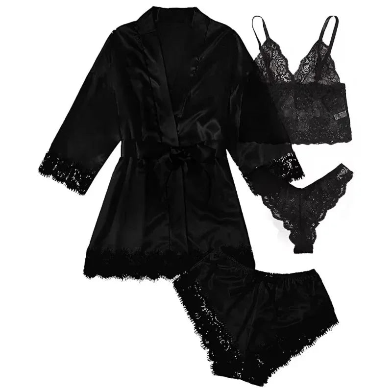 Pyjamasset dam med satinkänsla och spets – sex färger, S–2XL