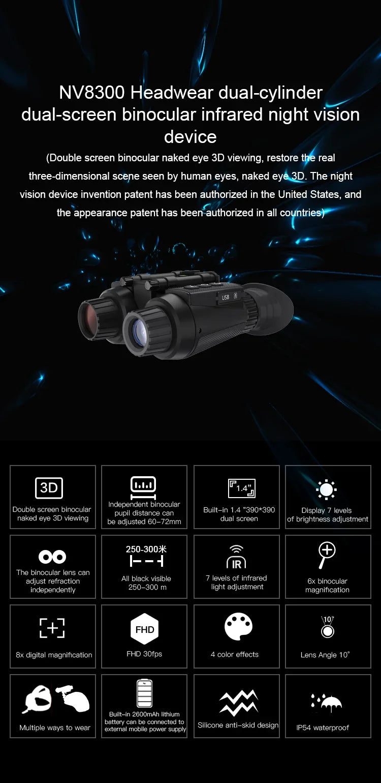 NV8300 Night Vision Binoculars Goggles 8X Digital Zoom 4K UHD 36MP 3D Head Mount Infrared Night Vision Device Hunting Telescope