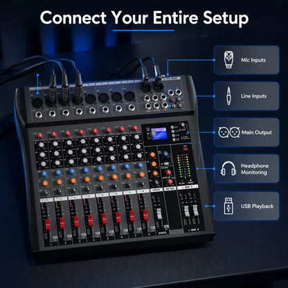 NXG 8-kanals ljudmixer med USB, 3-bands EQ och FX-send