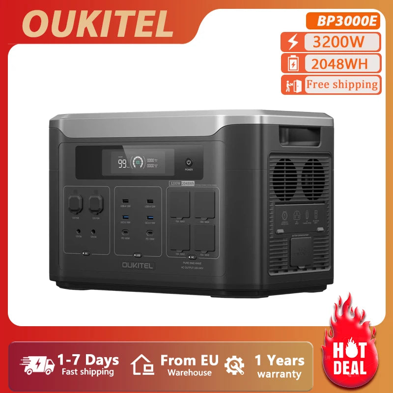 OUKITEL BP3000E Portabel Kraftstation – 2048Wh, 3200W Ren Sinusvåg, LiFePO4, UPS, 220V EU, Sol & Väggladdning