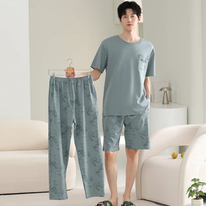 Antibacterial Cotton Pajamas for Men Summer Short Sleeve Shorts Long Pant Three-Piece Set Simple Solid Color Loose Homewear