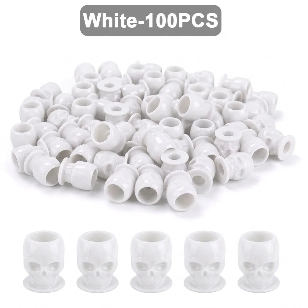 200/100/50PCS Disposable Skull Tattoo Ink Cups Black/White/Pink/Blue Pigment Container Plastic Ink Holder Tattoo Accessories