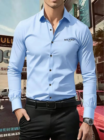 Men's Premium Business Casual Shirt Logo Word Print Slim Fit Long Sleeve Wrinkle Resistant Dress Shirt Multi Styles Available