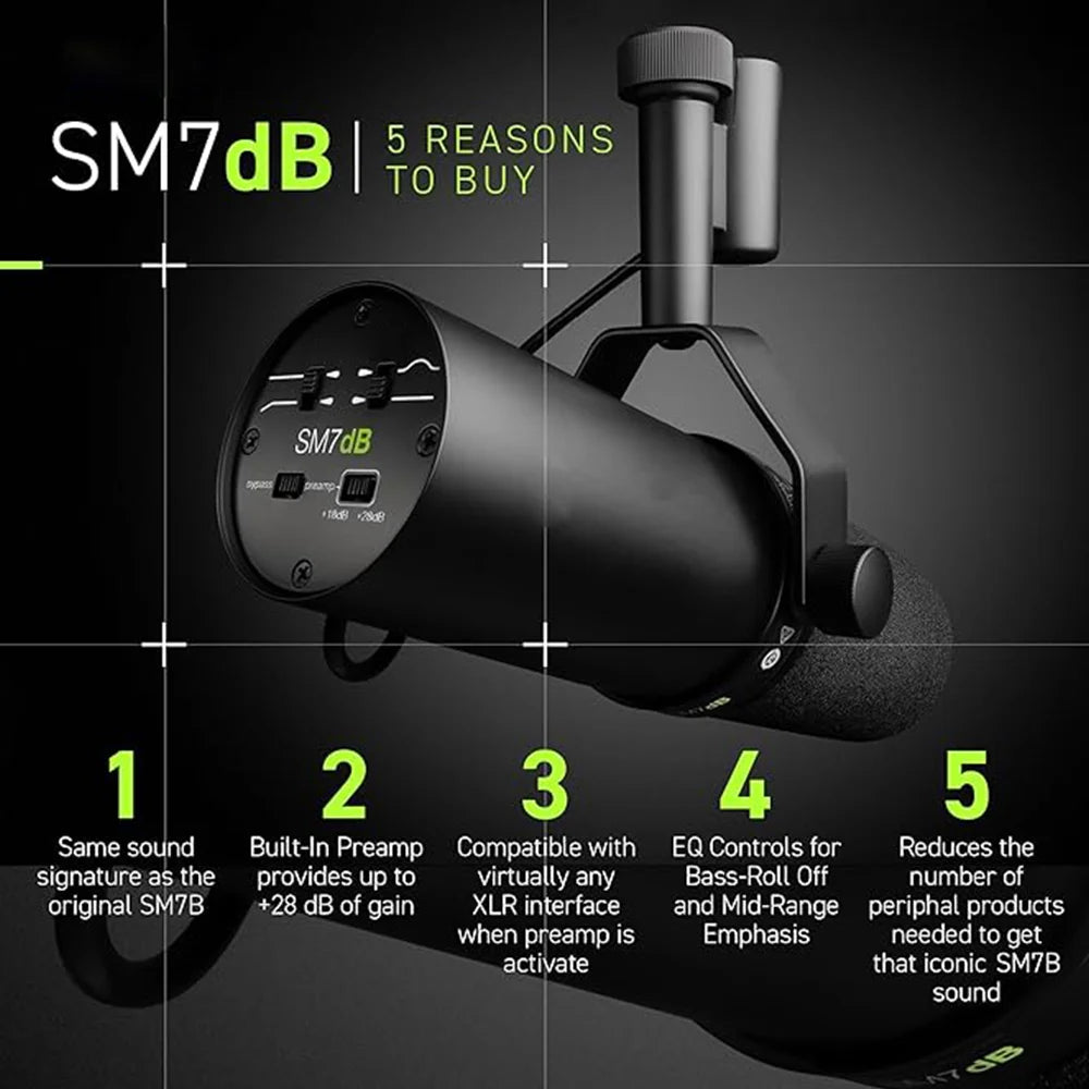 Shure SM7dB Studio Dynamic Microphone Radio Live Vocal Microphone Sm7b Upgraded Version for Streaming Podcast Built-in Preamp