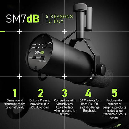 Shure SM7dB Studio Dynamic Microphone Radio Live Vocal Microphone Sm7b Upgraded Version for Streaming Podcast Built-in Preamp