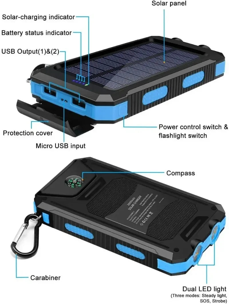 2026 New 200000mAh High Capacity Solar Power Bank Fast Charging USB-A/USB-C for IOS Android Portable Charger