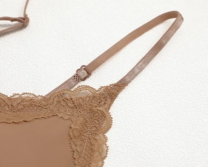French Lace Bra V Neck Seamless Bra Women's Adjustable Thin Strap Wireless Thin Cup Layering Base Intimates Lingerie Solid S-XL