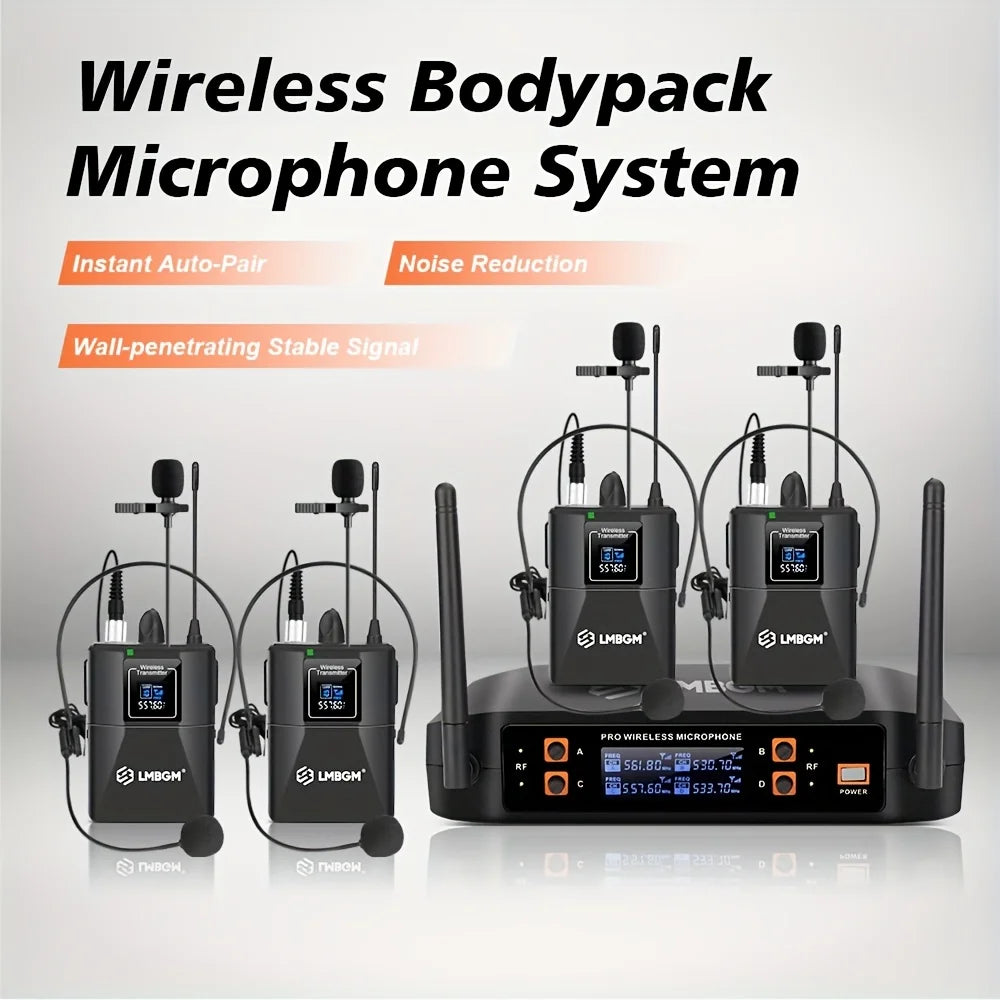 LMBGM-D44 Wireless Microphone System 4 Channel Lavalier/Headset Mic UHF Fixed Dual Band Wireless Set for Church Wedding Party