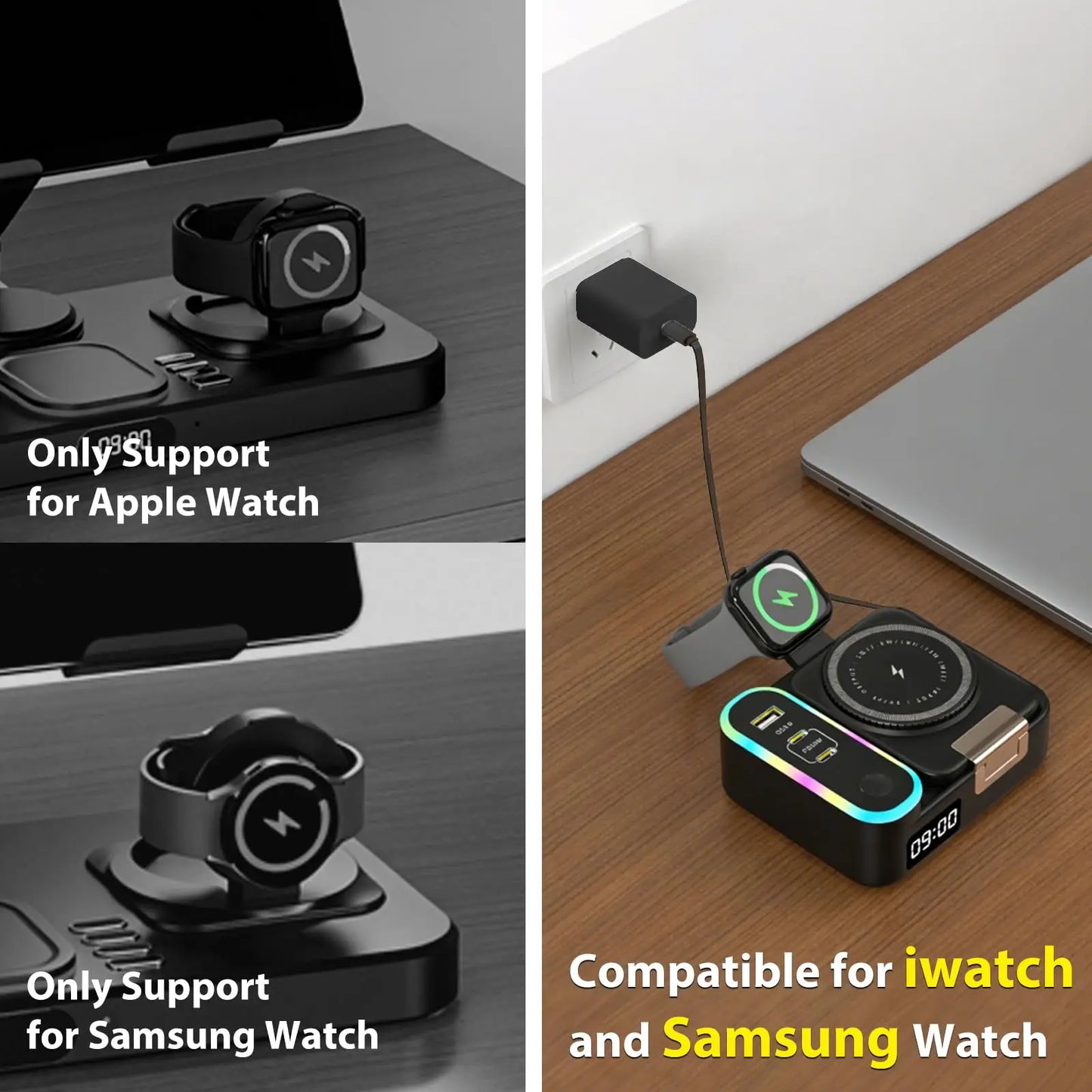 LYNXZ 8-i-1 Magnetisk Trådlös Laddstation 15W – RGB MagSafe PD30W USB-C iPhone AirPods Apple Watch Vit Svart