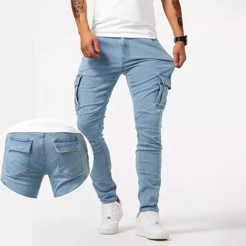 Fashion Solid Color Versatile Jeans Men High Quality Multi Pockets Cargo Denim Trousers Male Classic Mid Waist Narrow Leg Pants