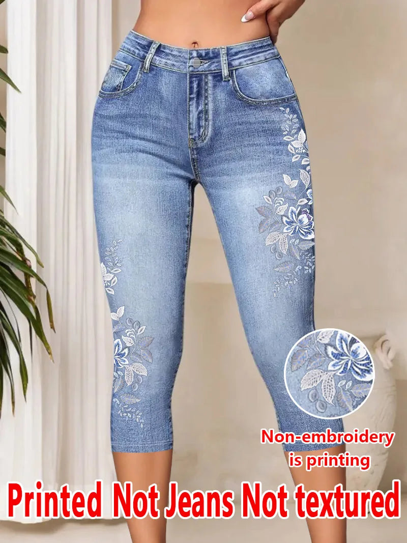 1343 Ladies' Three-Quarter Leggings with Floral Print, Form-Fitting Pants