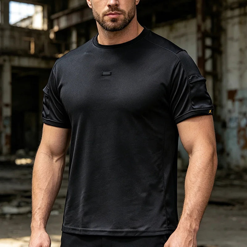 Men's 2026 Crew Neck Tactical T-Shirt With Pocket Summer Outdoor Training Tee Quick Dry Breathable Wear Resistant Sports Top