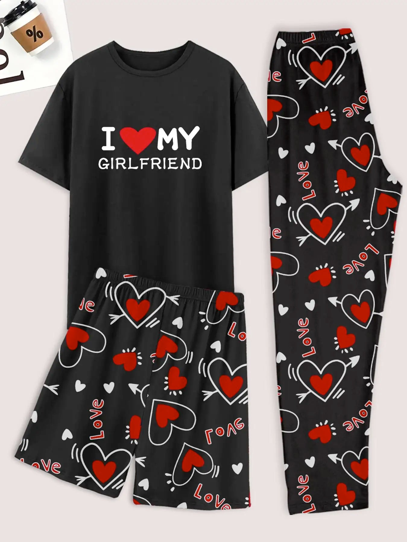 Men's pajama set of 3 pieces, heart-shaped printed shorts, pants and a top print of "I Like My Girlfriend"