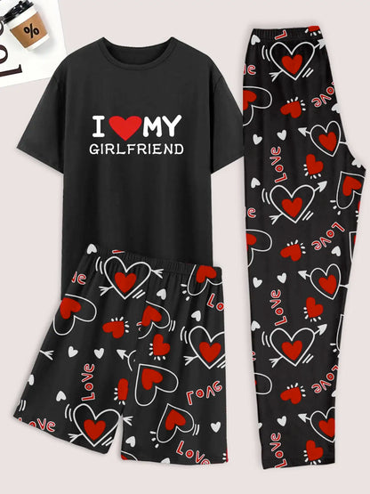 Men's pajama set of 3 pieces, heart-shaped printed shorts, pants and a top print of "I Like My Girlfriend"