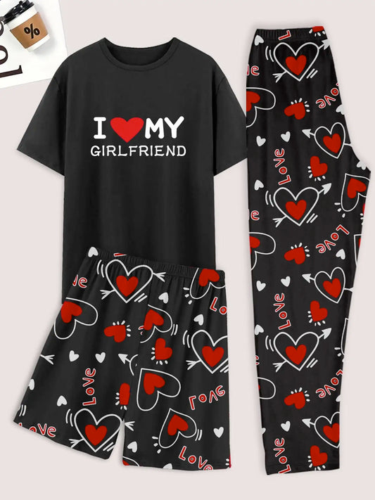 Herrpyjamas set i 3 delar med hjärtmönster och tryck