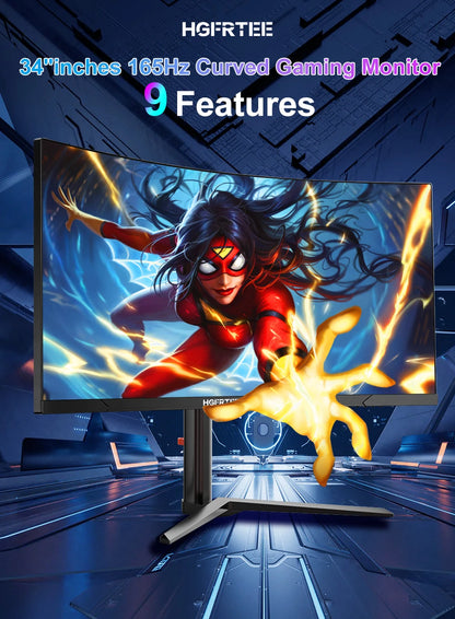 HGFRTEE B340Q Kurvig Gaming-skärm 34" WQHD – VA 3440x1440 165Hz 1500R 21:9 HDR 1ms Matt Yta HDMI