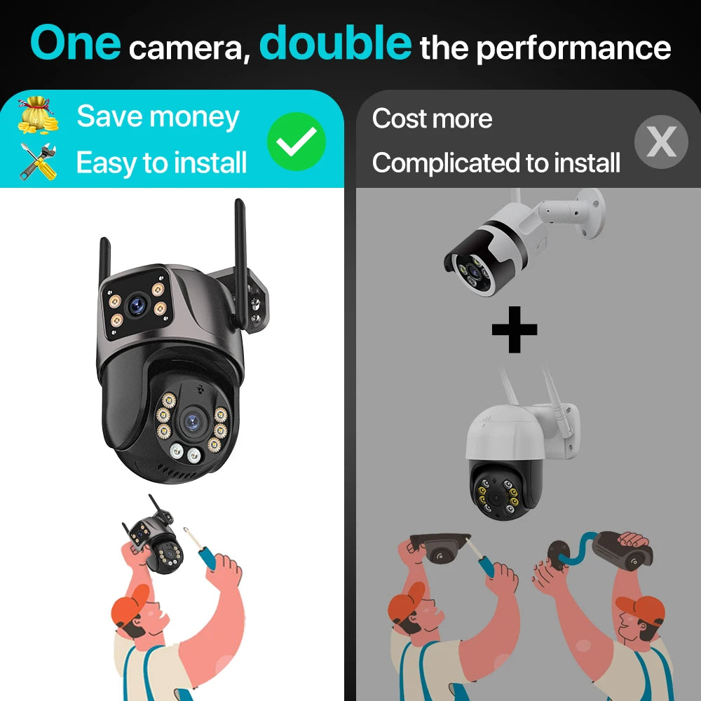 PTZ Utomhuskamera med Dubbla Linser – 4MP/8MP, WiFi, AI-spårning, Färg-nattseende och iCSee