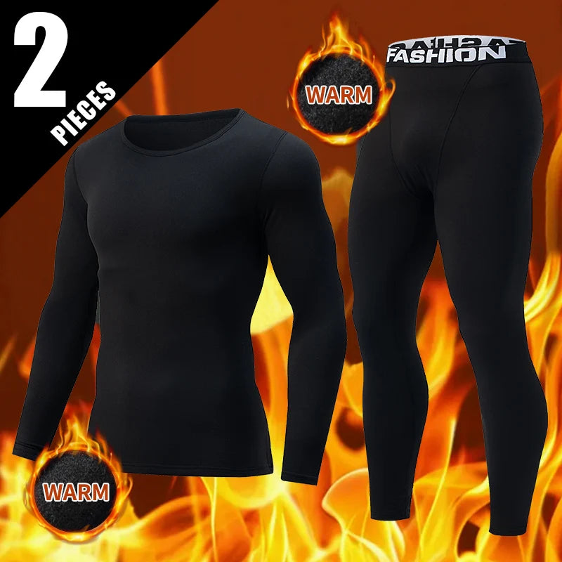 2-pcs Autumn/Winter Men's Thick Warm Underwear Set Large Solid Color Casual Sports Base Shirt Cycling Fitness Elastic Waist Pant