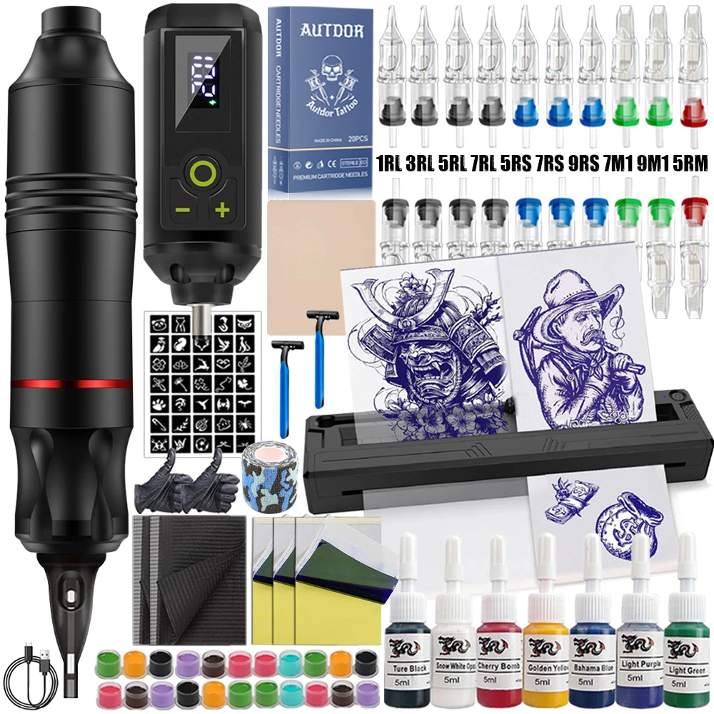 Tattoo Pen Machine Kit Tattoo Machine Pen Set with Wireless Power Supply Cartridge Needle Tattoo Accessories for Tattoo Beginner